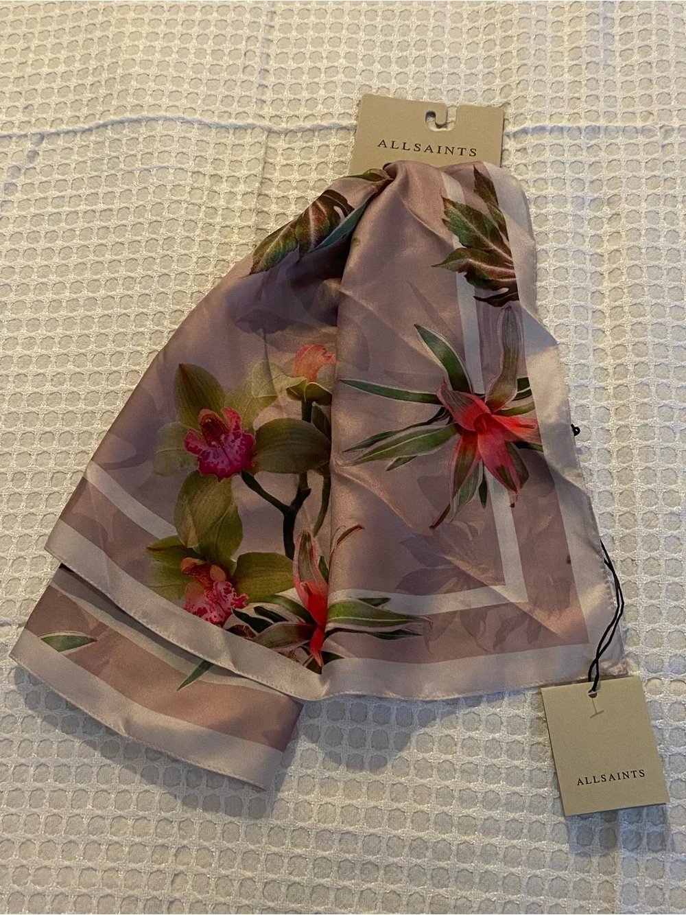 NWT AllSaints Adena Pink Square Blush 100% Silk Floral Scarf 30x30 inç